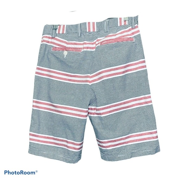 Old Navy Men's Shorts Chino Red White Blue Striped Flat Front Slim Size 28 - Picture 3 of 6